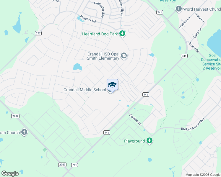 map of restaurants, bars, coffee shops, grocery stores, and more near 2600 Fletcher Road in Crandall