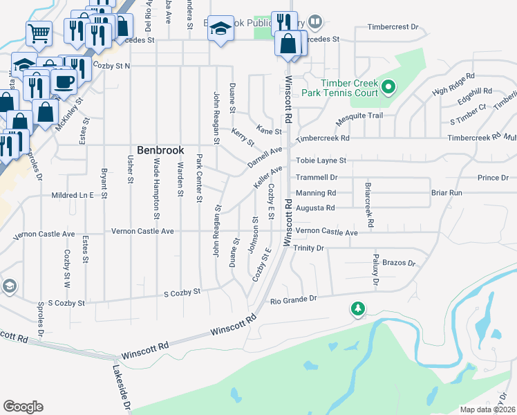 map of restaurants, bars, coffee shops, grocery stores, and more near 1111 Johnson Street in Benbrook