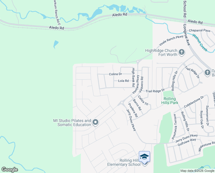 map of restaurants, bars, coffee shops, grocery stores, and more near 5541 Baker Creek Road in Fort Worth