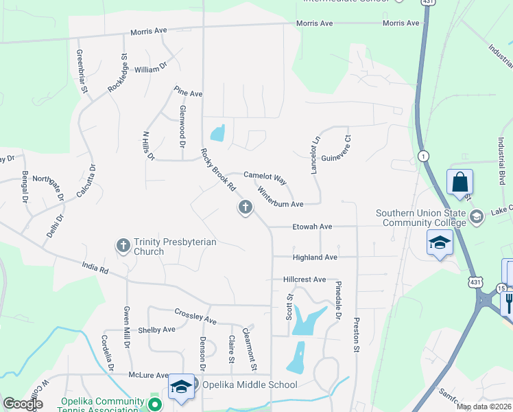 map of restaurants, bars, coffee shops, grocery stores, and more near 413-467 Winterburn Dr in Opelika