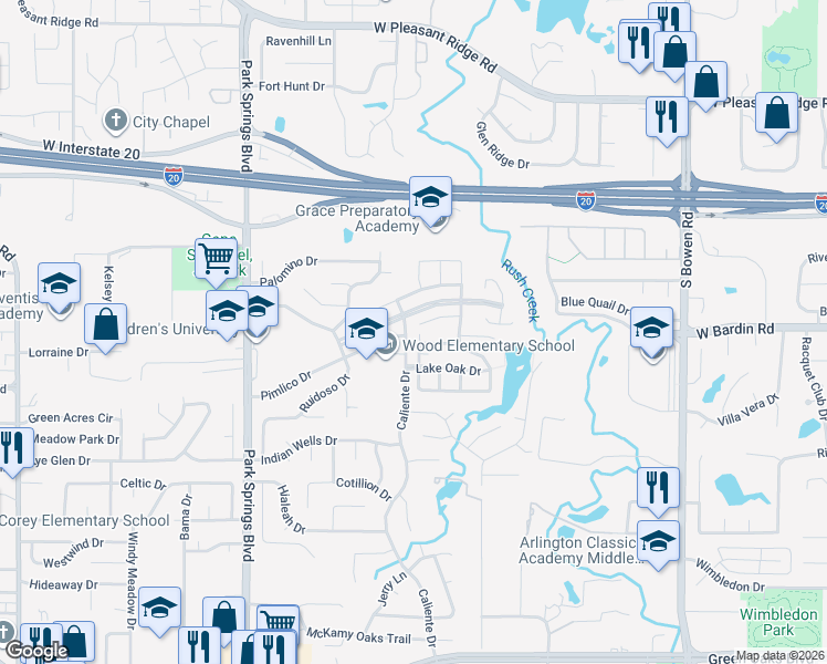 map of restaurants, bars, coffee shops, grocery stores, and more near 3223 Village Oak Drive in Arlington