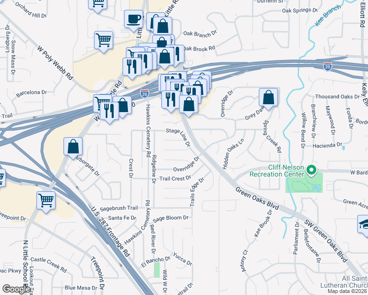 map of restaurants, bars, coffee shops, grocery stores, and more near 4804 Stage Line Drive in Arlington
