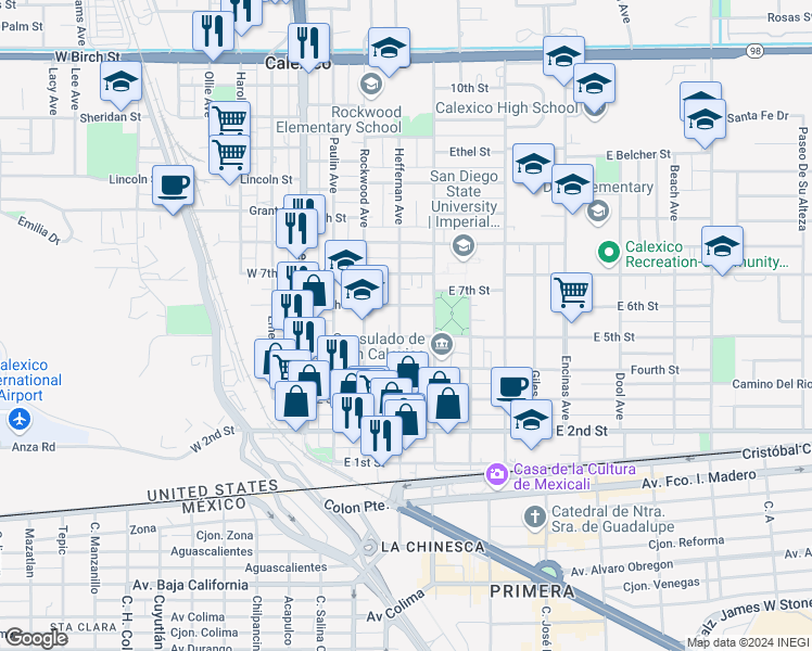 map of restaurants, bars, coffee shops, grocery stores, and more near 100 Heffernan Avenue in Calexico