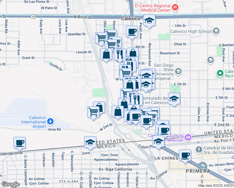 map of restaurants, bars, coffee shops, grocery stores, and more near 165 West 5th Street in Calexico