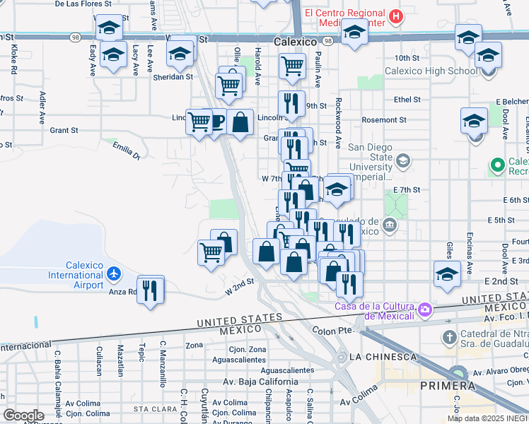 map of restaurants, bars, coffee shops, grocery stores, and more near 165 West 5th Street in Calexico