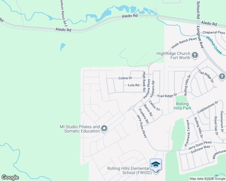 map of restaurants, bars, coffee shops, grocery stores, and more near 5536 Baker Creek Road in Fort Worth
