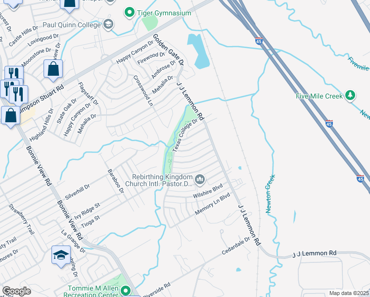 map of restaurants, bars, coffee shops, grocery stores, and more near 4221 Wiley College Drive in Dallas
