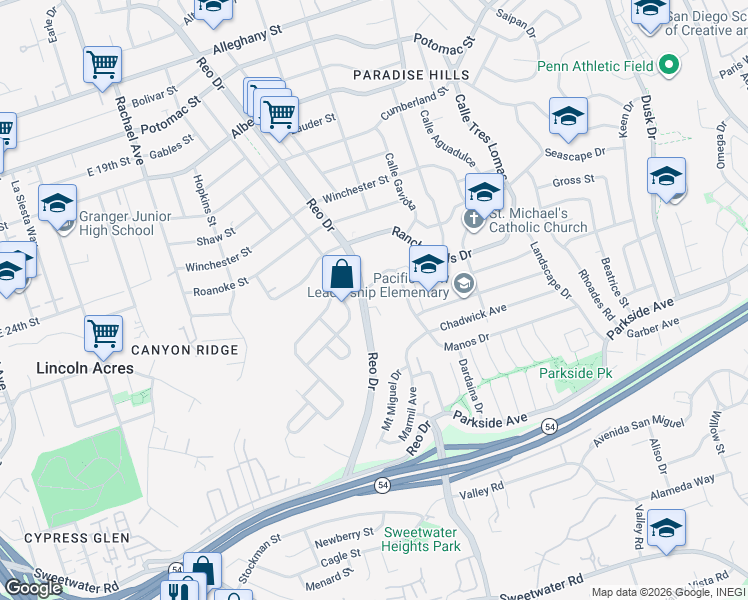 map of restaurants, bars, coffee shops, grocery stores, and more near 6016 Reo Place in San Diego