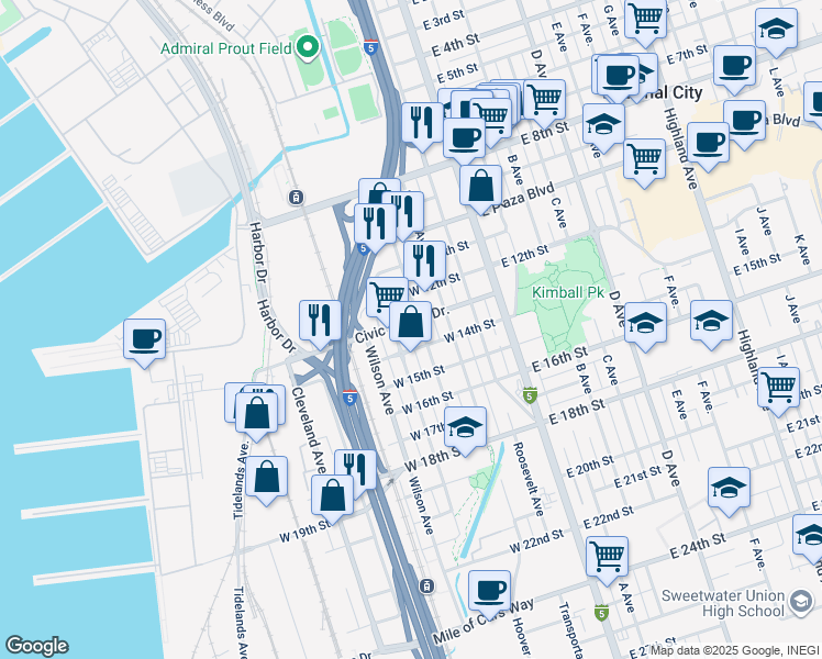 map of restaurants, bars, coffee shops, grocery stores, and more near 1341 Coolidge Avenue in National City