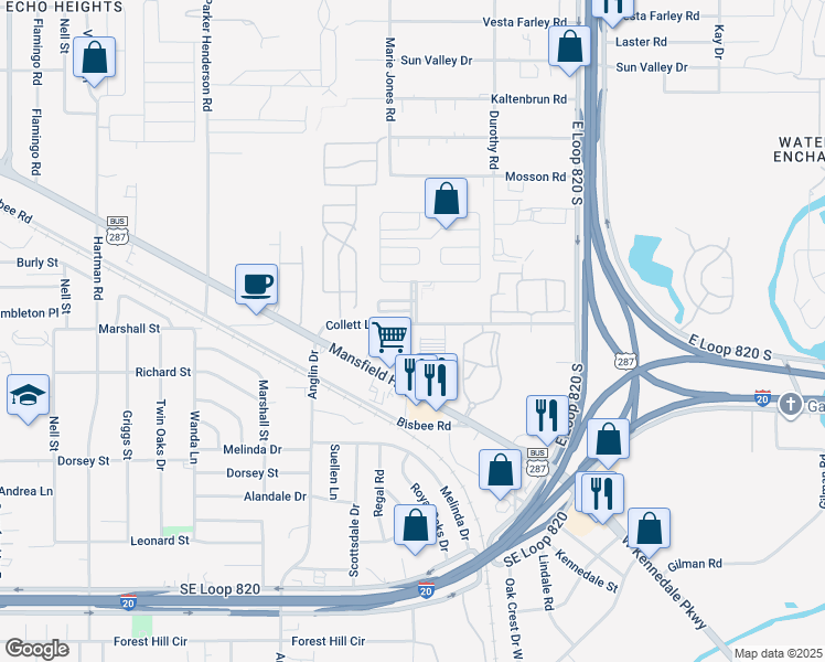 map of restaurants, bars, coffee shops, grocery stores, and more near 5024 Collett Little Road in Fort Worth