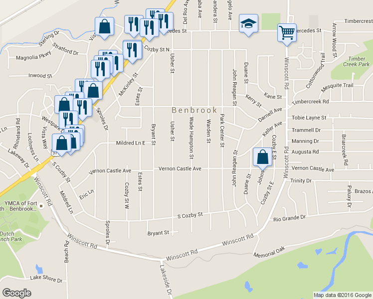 map of restaurants, bars, coffee shops, grocery stores, and more near 1126 Wade Hampton Street in Benbrook