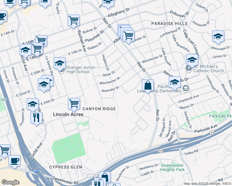 map of restaurants, bars, coffee shops, grocery stores, and more near 2565 Hopkins Street in San Diego