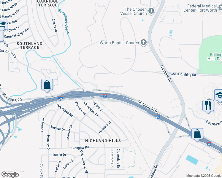 map of restaurants, bars, coffee shops, grocery stores, and more near 2151 Southeast Loop 820 in Fort Worth