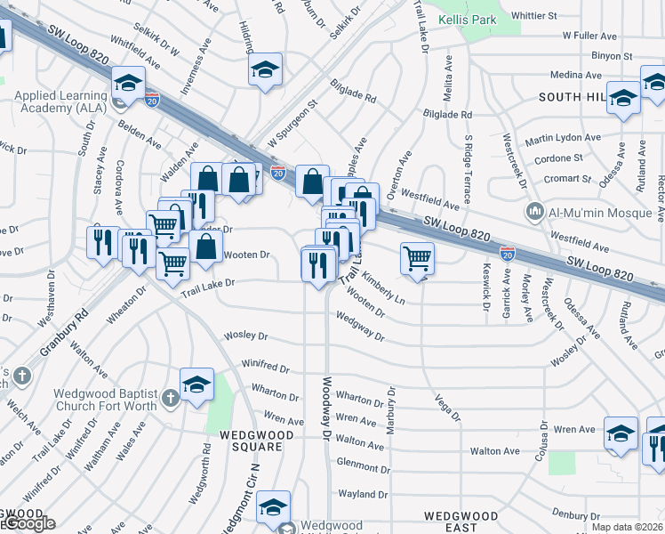 map of restaurants, bars, coffee shops, grocery stores, and more near 5056 Trail Lake Drive in Fort Worth