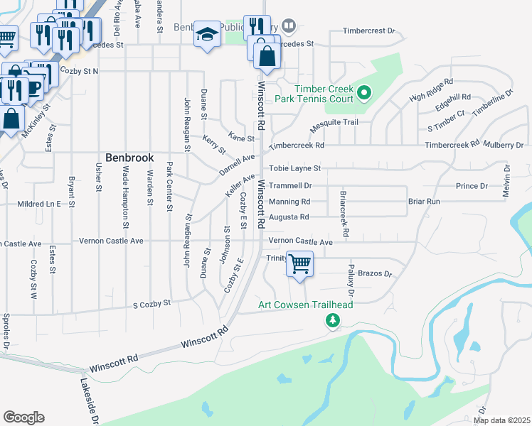 map of restaurants, bars, coffee shops, grocery stores, and more near 1101 Augusta Road in Benbrook