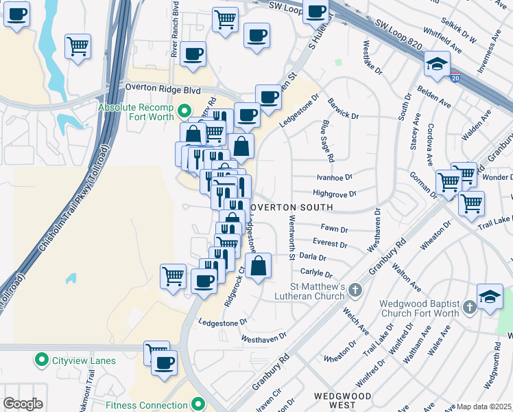 map of restaurants, bars, coffee shops, grocery stores, and more near 5411 Ledgestone Drive in Fort Worth