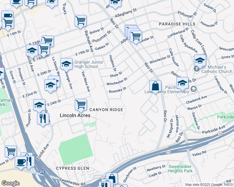 map of restaurants, bars, coffee shops, grocery stores, and more near 5550 Blueridge Street in San Diego