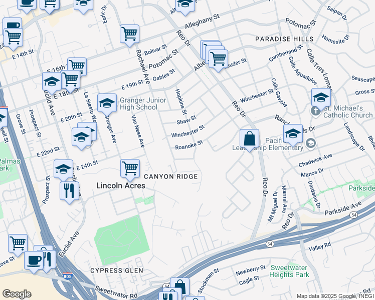 map of restaurants, bars, coffee shops, grocery stores, and more near 5550 Blueridge Street in San Diego