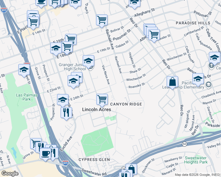 map of restaurants, bars, coffee shops, grocery stores, and more near in Lincoln Acres