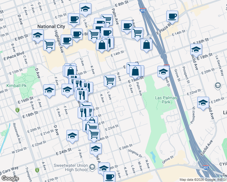 map of restaurants, bars, coffee shops, grocery stores, and more near 1300 East 18th Street in National City