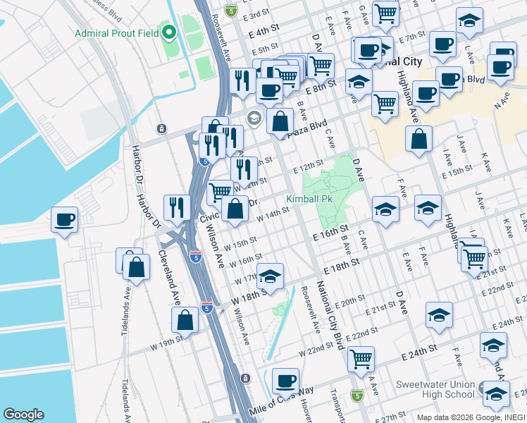 map of restaurants, bars, coffee shops, grocery stores, and more near 126 West 14th Street in National City