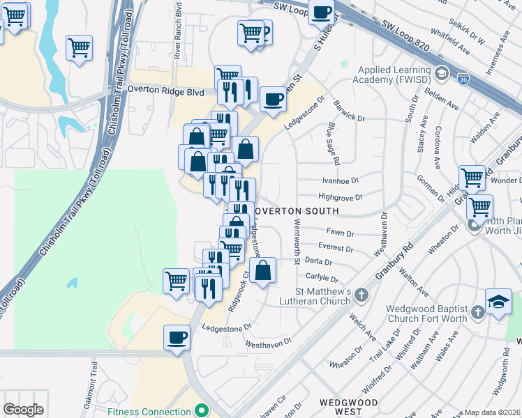 map of restaurants, bars, coffee shops, grocery stores, and more near 5411 Ledgestone Drive in Fort Worth