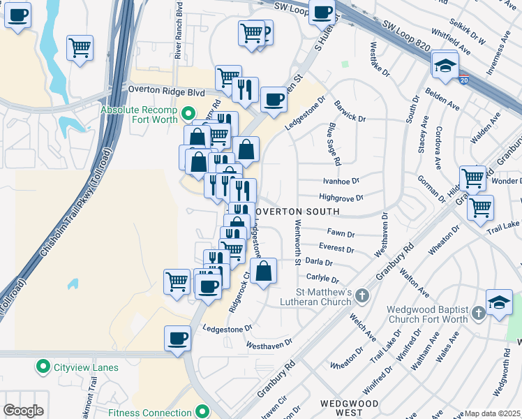 map of restaurants, bars, coffee shops, grocery stores, and more near 5411 Ledgestone Drive in Fort Worth