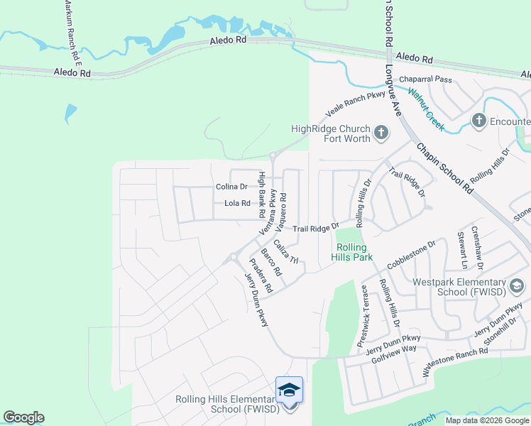map of restaurants, bars, coffee shops, grocery stores, and more near 5580 Vaquero Road in Fort Worth