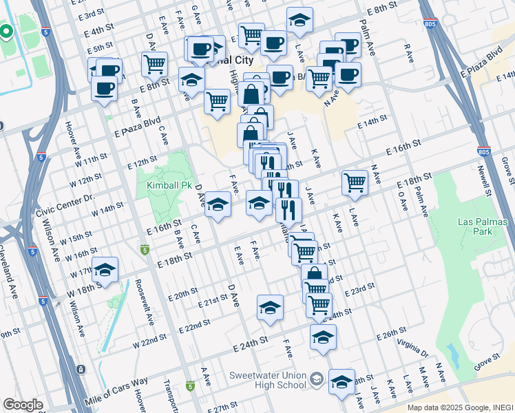 map of restaurants, bars, coffee shops, grocery stores, and more near 700-2 East 16th Street in National City