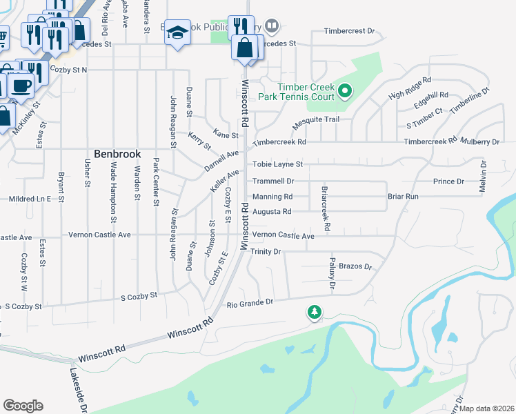 map of restaurants, bars, coffee shops, grocery stores, and more near 1109 Augusta Road in Benbrook