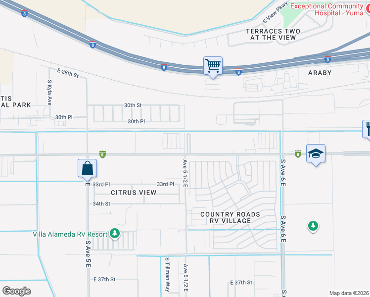 map of restaurants, bars, coffee shops, grocery stores, and more near Pear Blossom Way in Yuma