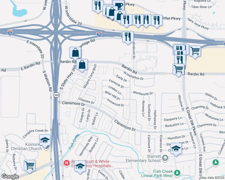 map of restaurants, bars, coffee shops, grocery stores, and more near 2846 Briar Hill Drive in Grand Prairie