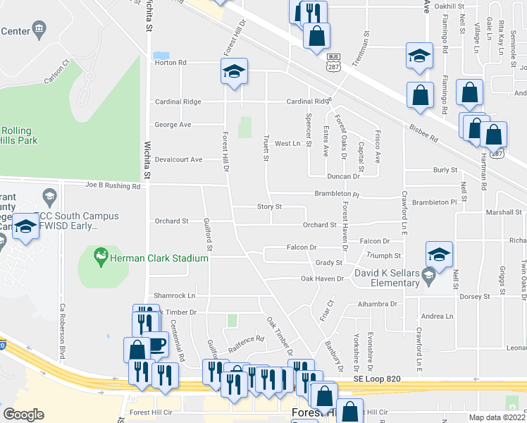 map of restaurants, bars, coffee shops, grocery stores, and more near 3414 Story St in Forest Hill