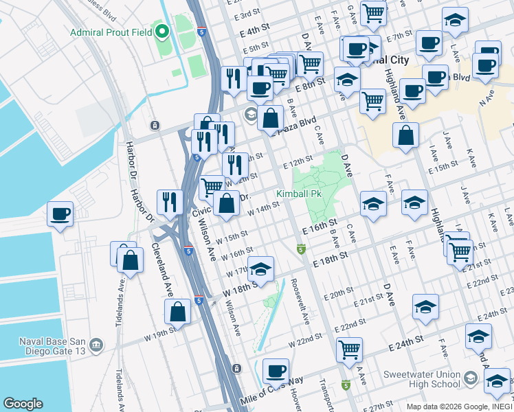 map of restaurants, bars, coffee shops, grocery stores, and more near 126 West 14th Street in National City