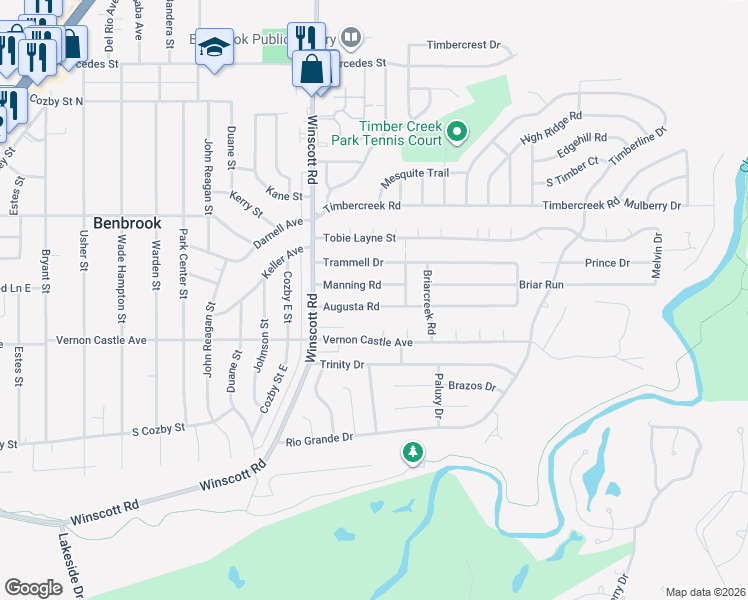map of restaurants, bars, coffee shops, grocery stores, and more near 1132 Augusta Road in Benbrook
