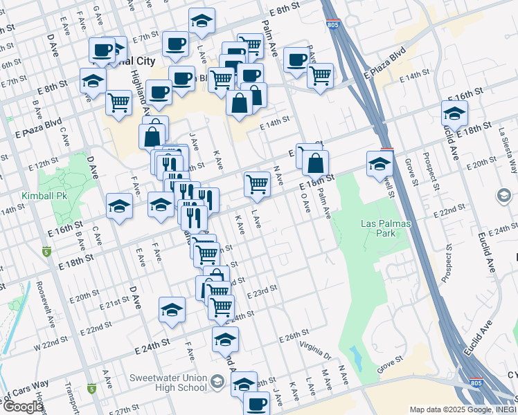 map of restaurants, bars, coffee shops, grocery stores, and more near 1810 L Avenue in National City