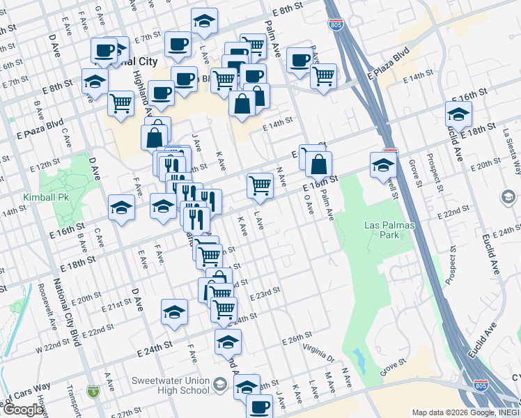 map of restaurants, bars, coffee shops, grocery stores, and more near 1206 East 18th Street in National City
