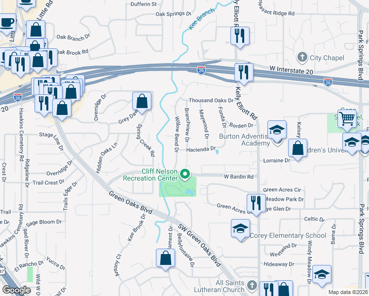 map of restaurants, bars, coffee shops, grocery stores, and more near 4614 Branchview Drive in Arlington