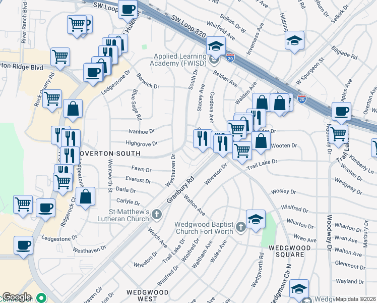 map of restaurants, bars, coffee shops, grocery stores, and more near 4321 Segura Court South in Fort Worth
