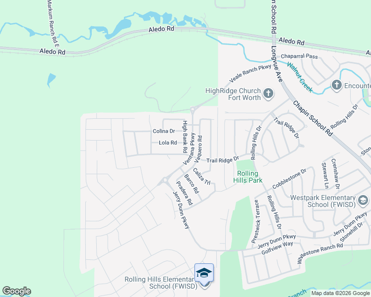map of restaurants, bars, coffee shops, grocery stores, and more near 5580 Vaquero Road in Fort Worth