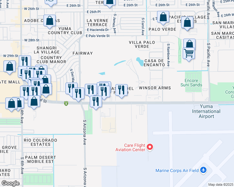 map of restaurants, bars, coffee shops, grocery stores, and more near 790 East 32nd Street in Yuma