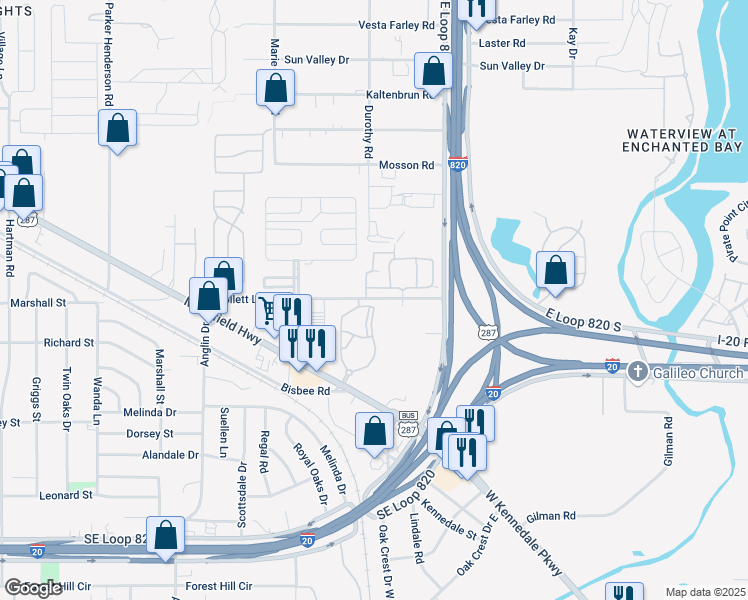 map of restaurants, bars, coffee shops, grocery stores, and more near 6045 Village Course Circle in Fort Worth