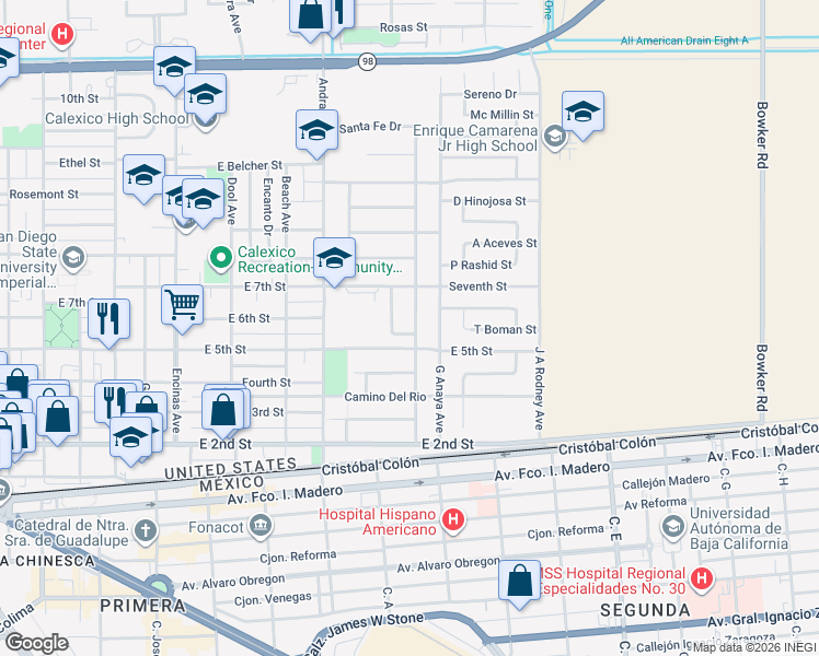 map of restaurants, bars, coffee shops, grocery stores, and more near 601-611 Paseo De Su Alteza in Calexico
