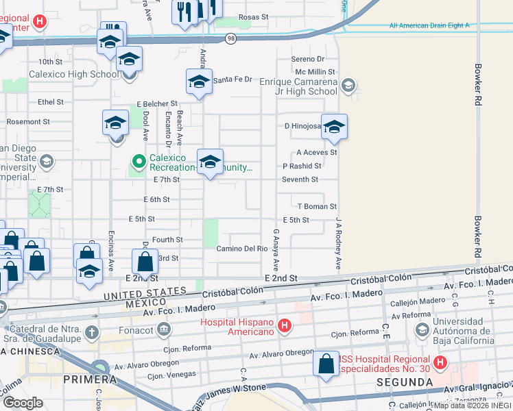 map of restaurants, bars, coffee shops, grocery stores, and more near 611 Paseo De Su Alteza in Calexico