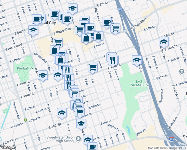 map of restaurants, bars, coffee shops, grocery stores, and more near 1810 L Avenue in National City
