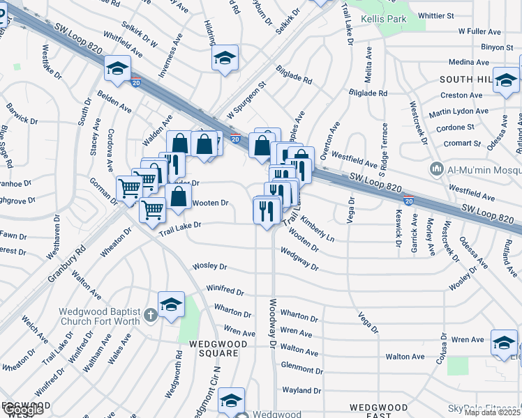 map of restaurants, bars, coffee shops, grocery stores, and more near 5369 Wonder Drive in Fort Worth