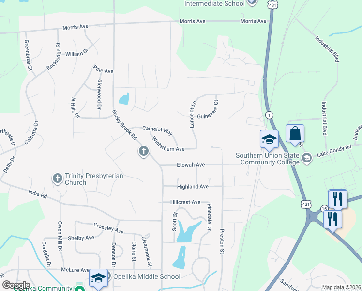 map of restaurants, bars, coffee shops, grocery stores, and more near 500 Camelot Way in Opelika