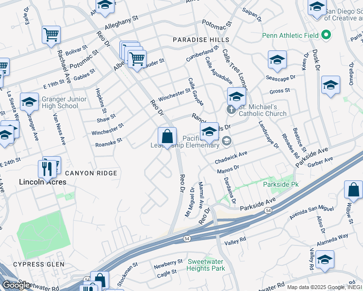 map of restaurants, bars, coffee shops, grocery stores, and more near 6015 Banbury Street in San Diego