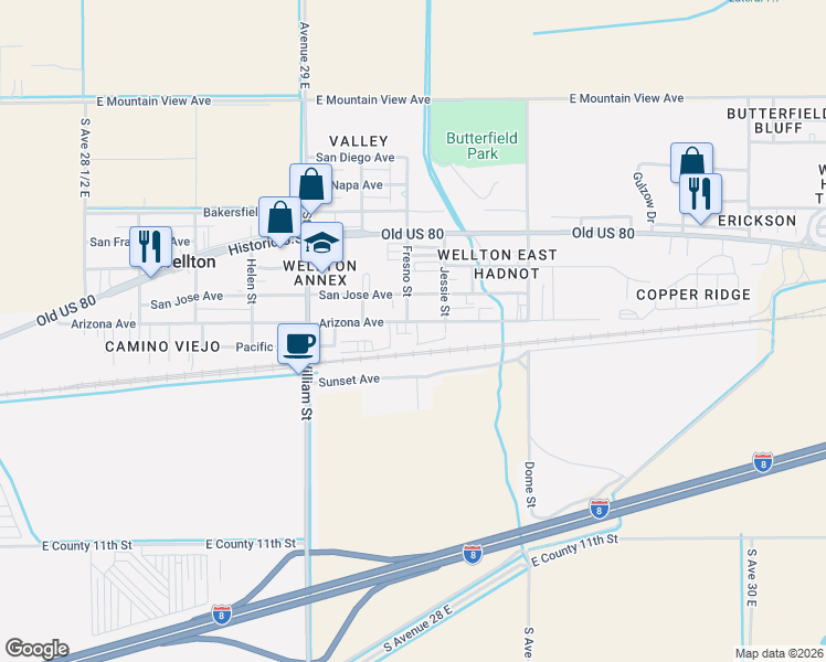 map of restaurants, bars, coffee shops, grocery stores, and more near 10509 Gael Street in Wellton