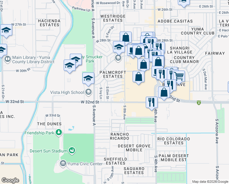 map of restaurants, bars, coffee shops, grocery stores, and more near 855 W Cactus Dr in Yuma